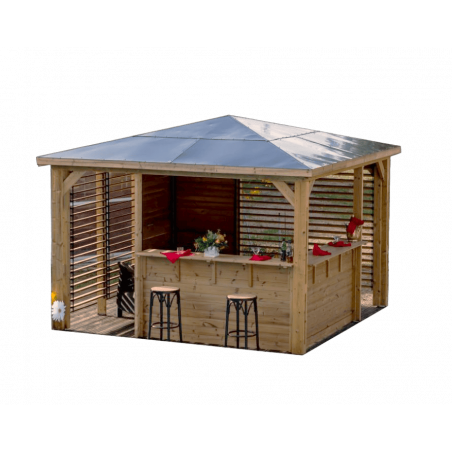 Chiosco bar pool house da giardino in legno termotrattato 379x379 cm – gazebo con tetto ACP – 2 pareti con ventelle + 2 pareti bar – THB3535.CCVV Foresta