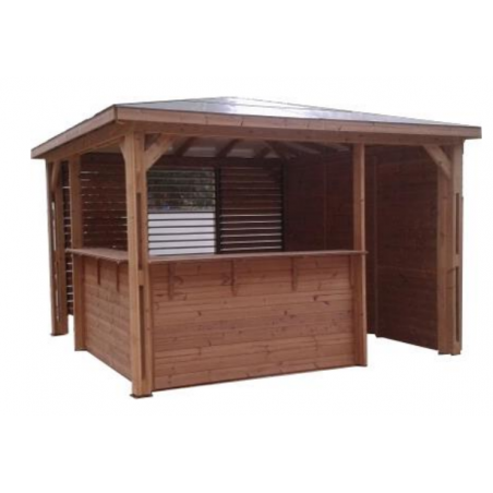 Chiosco bar pool house da giardino in legno termotrattato 379x379 cm – tetto ACP – gazebo con 2 pareti bar + 1 ventelle + 1 lambris – THB3535.CCVB Foresta