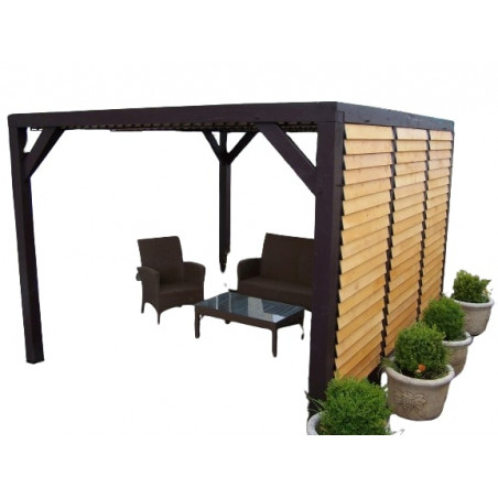Pergola da giardino in legno lamellare 340x312 cm – gazebo con tetto e parete a ventelle mobili – pali 120x120 mm – VT3431 Foresta