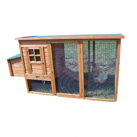 Pollaio da giardino compatto in legno 198x75 cm – per 3-4 galline – pareti 10 mm con voliera e nido di cova – PO2070 Foresta