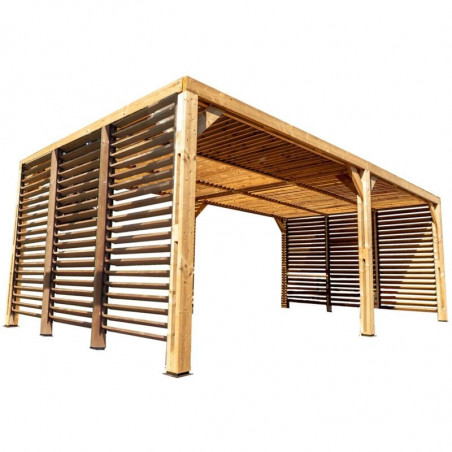 Pergola da giardino in legno 341x626 cm – Tettoia con veneziane tetto e 2 pareti – Picea termo-trattata – THO3562VVT Foresta