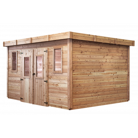Casetta da giardino in legno massello 380x280 cm – Spessore pareti 28 mm – Tetto piano in policarbonato – 10,64 m² – SL4030 Foresta