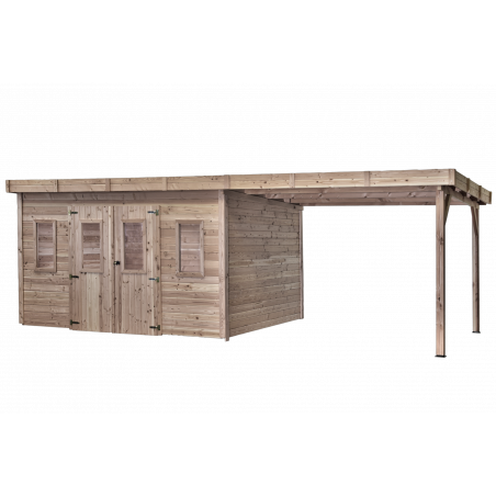 Casetta da giardino in legno termo-trattato 384x284 cm con legnaia – Spessore pareti 26 mm – Tetto acciaio zincato – Finestre acrilico – THX.4030B.0T Foresta