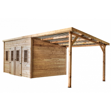 Casetta da giardino in legno Douglas 380x280 cm – Spessore pareti 28 mm – Con legnaia e tetto in acciaio – DAN4030.02B Foresta