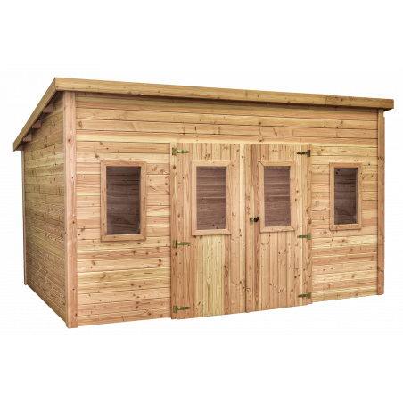 Casetta da giardino in legno 380x380 cm – Spessore pareti 28 mm – Tetto piano acciaio – 2 lucernari fissi – DAN4040.02 Foresta