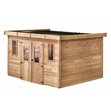 Casetta da giardino in legno 280x380 cm – Spessore pareti 28 mm – Tetto piano in acciaio – DIN4030.02 Foresta