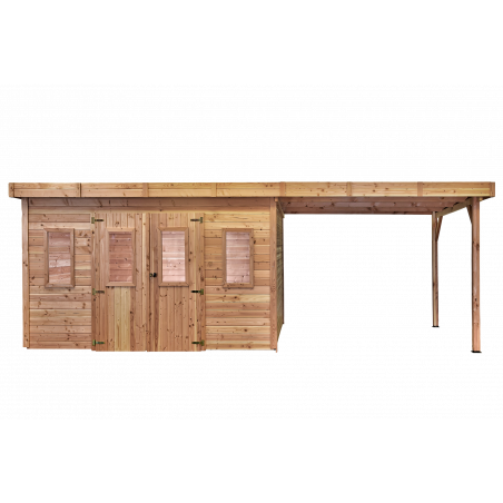 Casetta da giardino in legno 380x680 cm con legnaia – Spessore pareti 28 mm – Tetto piano in acciaio – DIN4040.02B Foresta