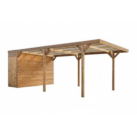 Tettoia auto in legno termotrattato 631x300 cm – Carport auto con capanno 3 m² e tetto in policarbonato – THP3063A Foresta