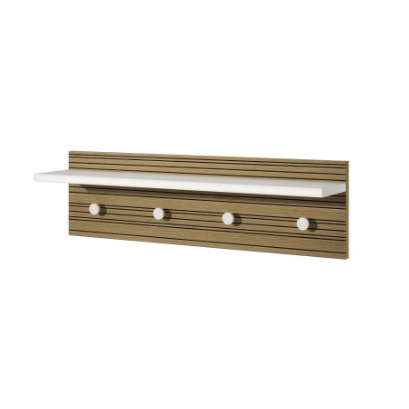 Pannello appendiabiti a parete con ripiano e 4 ganci bianco con retro rovere rigato 80x15x23 cm - Terraneo