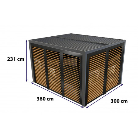 Pergola bioclimatica in alluminio antracite 360x300 cm – Lamelle orientabili 90° – Ventelle effetto legno 3 m e 3,60 m – 10,80 m² – PER36VB30VBBI Foresta