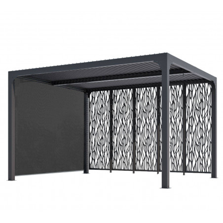 Pergola bioclimatica in alluminio antracite 360x300 cm – Lamelle orientabili 90° – Con pannelli moucharabieh 3,60 m e tenda 3 m – 10,80 m² – PER36M30RBI Foresta