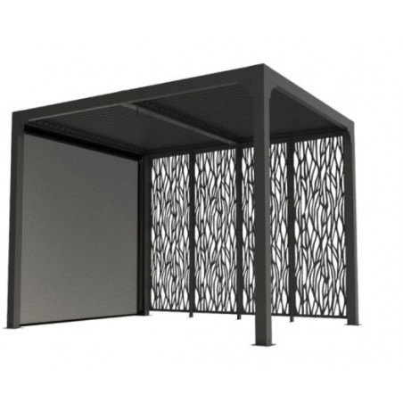 Pergola bioclimatica in alluminio antracite 240x300 cm – Lamelle orientabili 90° – Con 4 pannelli moucharabieh e tenda PVC – PER24R30MBI Foresta