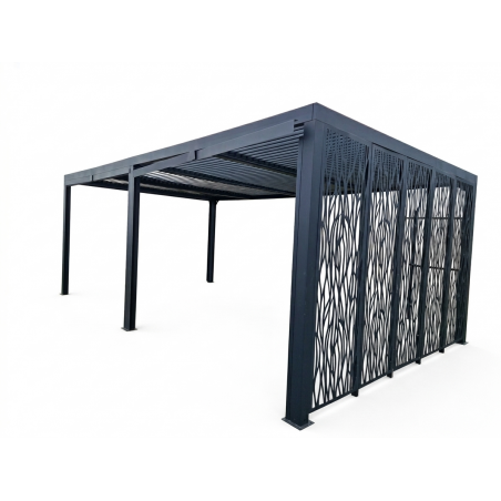 Pergola bioclimatica in alluminio antracite 360x598 cm – Lamelle orientabili 90° – Con 5 pannelli moucharabieh 3,60 m – 21,52 m² – PER36M60BI Foresta