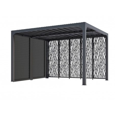 Pergola bioclimatica in alluminio antracite 360x300 cm – Lamelle orientabili 90° – Con 5 moucharabieh 3,60 m e frangisole 3 m – 10,80 m² – PER36M30VBI Foresta