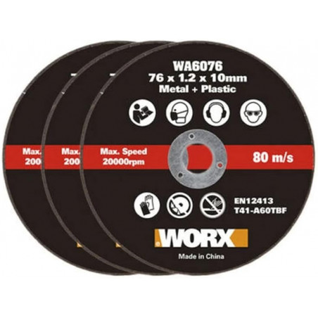 Set 3 Dischi da taglio WA6076 76 mm per mini smerigliatrice taglio metallo acciaio per WX801 MakerX - Worx
