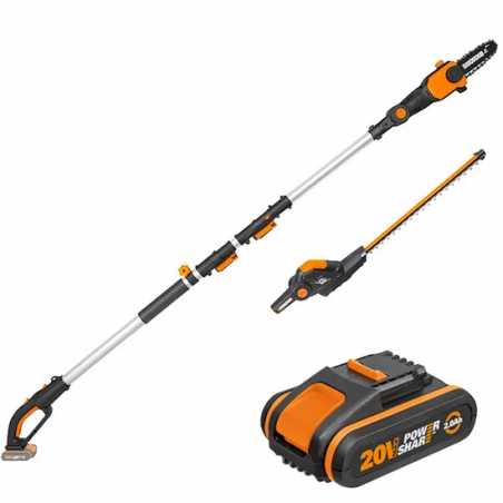 Potatore telescopico a batteria WG908E 20V con barra Oregon e tagliasiepi su asta estensibile - Worx
