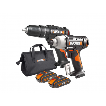 Kit trapano avvitatore a percussione WX370.9 e avvitatore a impulsi WX291.9 20V con batterie e caricabatterie per foratura e avvitatura - Worx