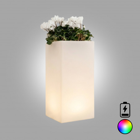 Vaso luminoso alto moderno di design 40x40 H80 in polimero resistente con LED multicolor con bateria per interno ed esterno - Made in Italy - Monacis
