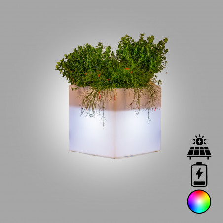 Vaso luminoso moderno di design 40x40 H40 in polimero resistente con LED multicolor con bateria e solare per interno ed esterno - Made in Italy - Monacis