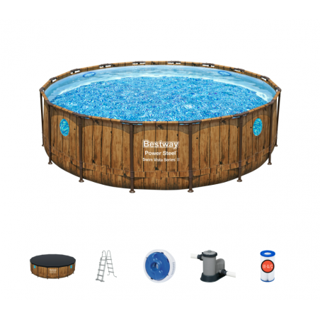 Piscina fuori terra rotonda effetto legno con oblò laterali e pompa filtro, diametro 488 cm altezza 122 cm con scaletta