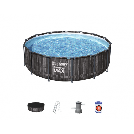 Piscina fuori terra rotonda effetto legno con telaio in acciaio e pompa filtro, diametro 427 cm altezza 107 cm con scaletta