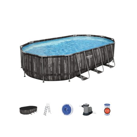 Piscina fuori terra ovale effetto legno con telaio in acciaio, 610x366x122 cm con pompa filtro scaletta capacità 20241 L
