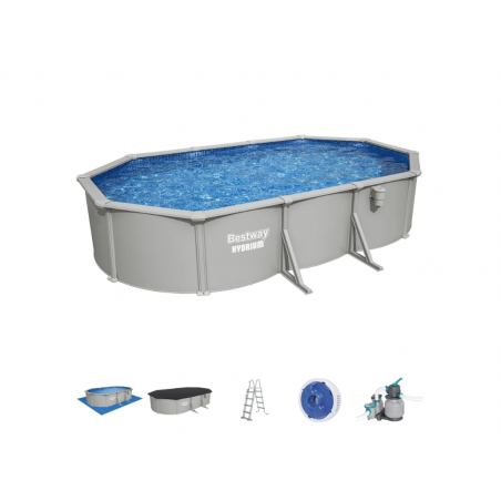 Piscina fuori terra ovale in acciaio con filtro a sabbia e skimmer, 610x360x120 cm con scaletta copertura e basamento - Bestway