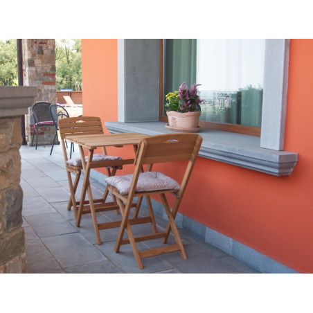 Set tavolo e sedie pieghevoli da giardino in legno con cuscini, tavolino 60x60 cm salvaspazio per balcone e terrazzo