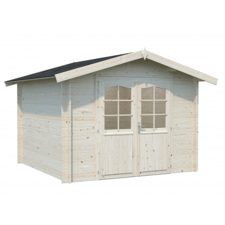 Casetta da giardino in legno 296x296 cm, pareti 28 mm grezze con porta doppia vetrata, per deposito attrezzi esterno - Esterni da Vivere