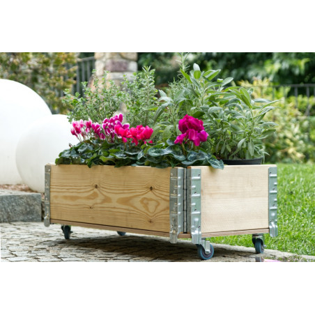 Fioriera rettangolare in legno con ruote 80x40x28 cm pino grezzo e staffe zincate, vaso mobile da esterno giardino - Esterni da Vivere