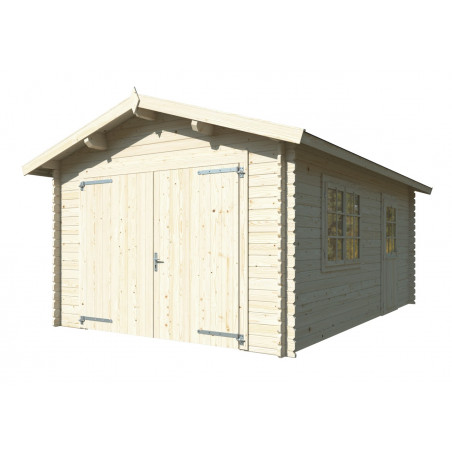 Garage in legno Tony 350x520 cm spessore 34 mm con portone doppio finestra laterale e porta singola – Esterni da Vivere