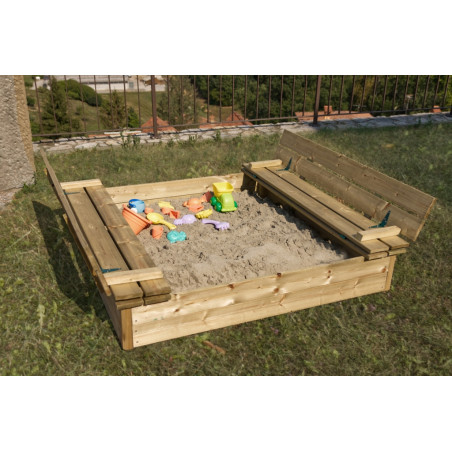 Sabbiera in legno per bambini con sedute richiudibili, struttura pino impregnato per giochi da esterno giardino