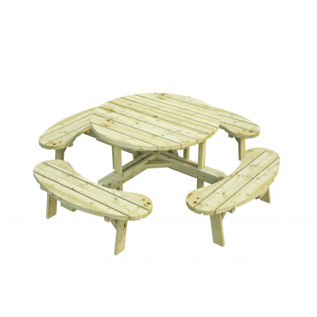 Tavolo picnic rotondo con panche integrate da giardino, set 6-8 posti in legno pino impregnato Ø118 cm - Esterni da Vivere